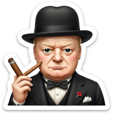 Cinematic Realistic Winston Churchill Portrait Emoji, depicted as a resolute British statesman with a signature bowler hat and a cigar, exuding determined leadership and wartime valor, rendered with lifelike textures and dramatic vintage lighting that captures his iconic British spirit. sticker