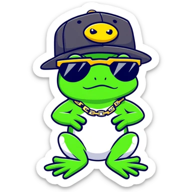 thug life frog with pixelated black sunglasses, gold chain, snapback hat, tough gangster pose sticker