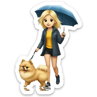 Blonde girl walking pomeranian under the rain sticker