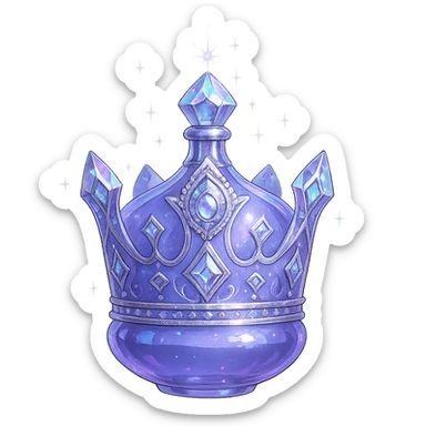 crown-shaped luxurious elixir bottle, unmistakably crown-like silhouette, color #7986cb, multi-layered holographic and silver details, intricate crystal facets, magical radiant glowing and sparkling effects, seamless and beautifully joined rounded and closed bottom (not flat or open), very small neck, transparent background, floating clearly in air, not standing, no base or shadow, modern, extremely beautiful, matching a collection sticker