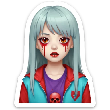  portrait-of-a-zombie-k-pop-idol,-wearing-a-stylish-streetwear-outfit-with-layered-colorful-clothing,-long-hair-with-bangs,-makeup,- sticker