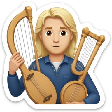 Man with long blonde hair confident  holding a lyre sticker