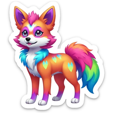 Vibrant multicolored neon-colored Falvie-Fionbri-creature-sparkle-dog-fursona, full body sticker