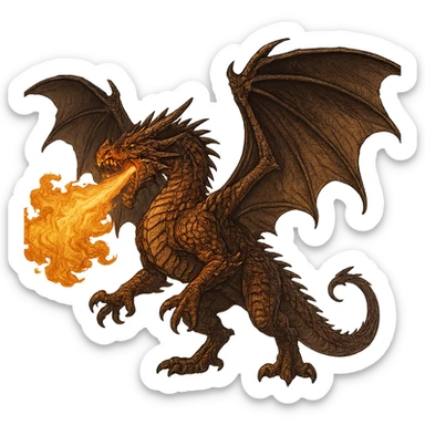 fierce dragon with large wings and scales, breathing fire, fully depicted sticker