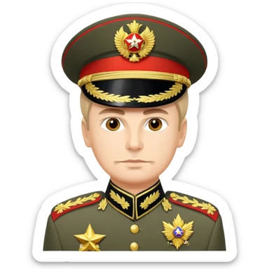 Russian military general in formal uniform with medals, epaulettes, and military hat sticker