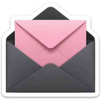 A minimalist 3D icon of an open envelope with a card inside that says 'NEWS', flat design style, colors: deep charcoal black (#000000) and soft accent pink (#f9a8d4), clean lines, high contrast, isolated on a black background, high resolution. sticker