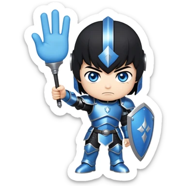 A chibi anime male with black hair and bright blue eyes, wearing black tight armour, angry and waving a sign with the words “No Visitors!” sticker