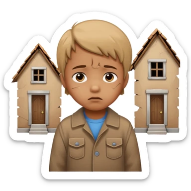 apple style emoji of a small child looking at broken houses, sad expression sticker
