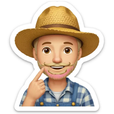 “A single emoji-style character combining 👨‍🌾😄 and 🤔: a smiling farmer man with a straw hat, friendly face, and light beard, holding one hand under his chin in a thinking gesture. His index finger rests under his face, eyes looking slightly upward as if thinking.  sticker
