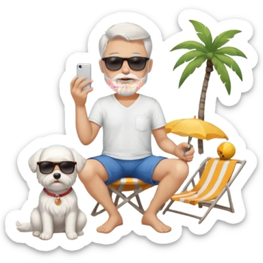 white man grey hair beard holding a white Maltese sitting on a beach full body sticker