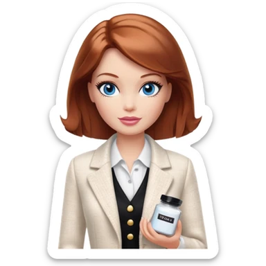 A Barbie girl with blue eyes, shoulder-length reddish-brown hair with makeup, wearing a white tweed jacket and a black skirt, pale beige body cream pot sticker