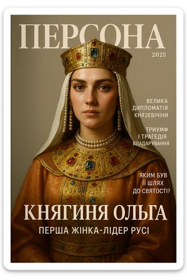 Create a glamorous, ultra-realistic magazine cover titled "Персона"
The cover features Princess Olga from the downloaded image.
The cover design should be bright with elegant typography.
Add the title: "Княгиня Ольга", the subtitle: "Перша жінка-лідер Русі", and the release date: "2025".
Include additional subheadings and a well-thought-out layout.
Premium lighting, dramatic shadows, rich colour correction, glossy paper texture, minimalist background, focus on the character and typography in the spirit of glossy publications. sticker