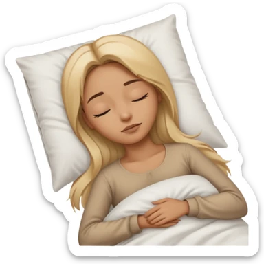 Mujer color de piel moreno claro, con cabello rubio largo, lacio y suelto, ojos negros, durmiendo con sábanas blancas  sticker