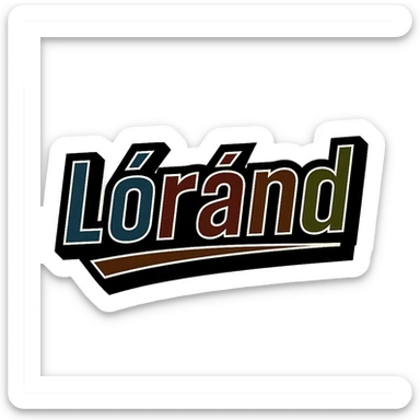 Lóránd name in masculine, modern, gradient font with precise Hungarian characters, dark outline, extra thick, prominent white letter frame as in sample images, dynamic slanted underline, masculine color shades (blue, gray, burgundy, green, brown), 1000x1000 px, PNG, transparent background sticker