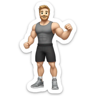 To belt Actively gesturing  with hands Pale skinned Fit Man With the biceps and brown hair in dark gray Sleeveless Mike, black oversize sports shorts, watch and white Sneakers sticker