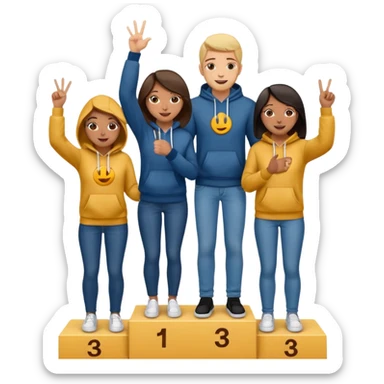 three multi-racial people in jeans and hoodies on a winners podium, center step higher, no numbers, center person holding up one finger on each hand, left person holding up two fingers on each hand, right person holding up three fingers on each hand, cheerful expressive emoji style sticker