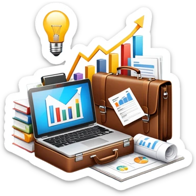 An icon showing a briefcase, a stack of documents, and a rising bar chart, representing business and entrepreneurship. The design features a laptop and a lightbulb, symbolizing innovation and strategy. Transparent background highlights the dynamic world of business growth and leadership. sticker