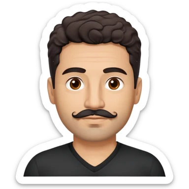 Hispanic man in his 40s with light cinnamon skin. Structured face with defined jawline. Calm brown eyes. Natural thick eyebrows. Connected mustache and chin beard (goatee) in black with a few gray hairs. Short curly dark hair. Wearing a black V-neck t-shirt. sticker