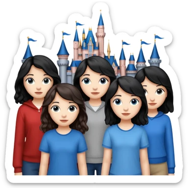 Castillo de Disney y por detrás o delante pon a quatro chicas: una con el pelo largo rizado marrón , otra con el pelo muy corto negro, como un chico, otra con el pelo mediano liso marrón con ojos azulesy otra con el pelo negro largo liso . Todos son color carne.  sticker