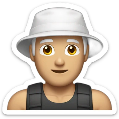 A white hair man wearing backwards hat and tank top and muscles sticker