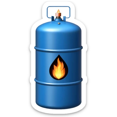 generate an ultra realistic black metal gas holder without rust and with a blue fire label sticker