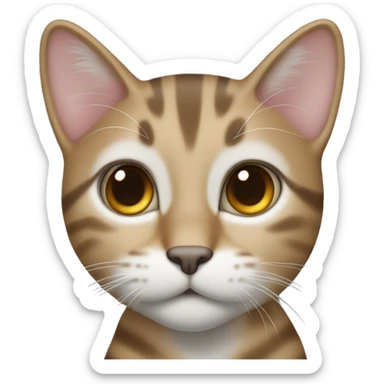  I would like an emoji of a cat with a light brown and gray coat. The cat has a tabby pattern with darker stripes and spots, especially on its legs and tail. The cat’s face has a light-colored snout, a dark nose, and expressive blue eye sticker