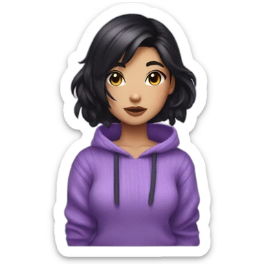 neko girl with black hair side swept bangs with shaved sides and back of head with purple eyes wearing a purple sweater sticker