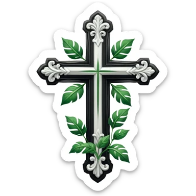 a black and white detailed cross with leaves over the top sticker