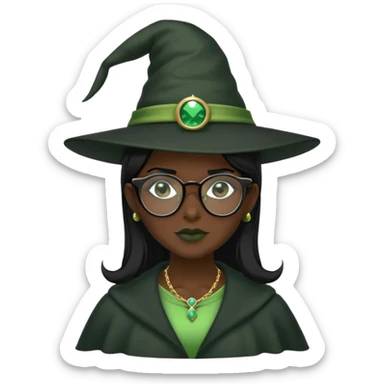 Green witch, black hair, Windsor glasses, black hat, black skin tone sticker