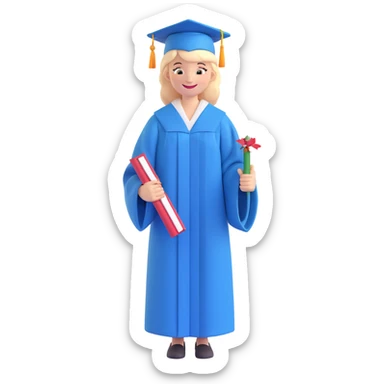 smiling graduate in gown holding diploma, confetti background sticker