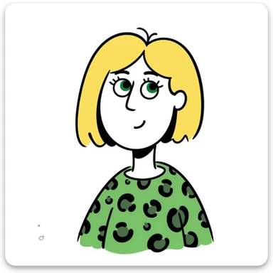 A blonde woman with green eyes and a bob haircut, wearing a green leopard print blouse sticker