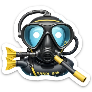 An icon featuring a close-up of a scuba mask, snorkel, and diving fins, with bubbles rising from the gear. The design includes a wetsuit and underwater light rays filtering through the water. Transparent background highlights the essence of diving and underwater exploration. sticker