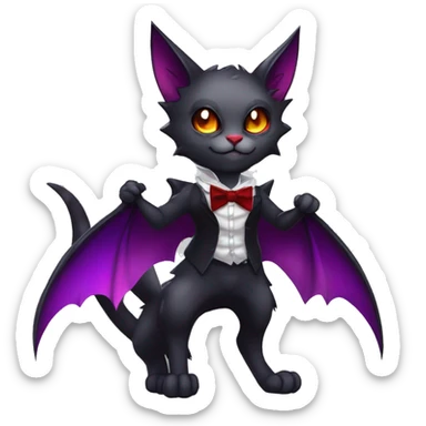 Cute-Evil-Vampiric-Batty-Cat-Black-Purple-Red-Grey-White-Yellow-Contrast-Colors-Fantasy-Fur-Sona-Chibi-Shiny-Fakémon-Hybrid with horns and big fangs neck bow tie leg spats full body sticker
