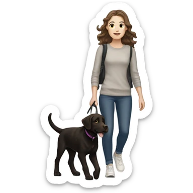 White girl with wavy brown hair walking a black Labrador sticker
