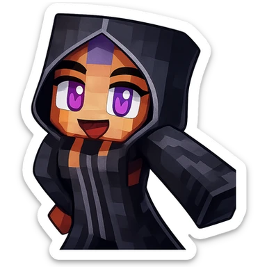 Extract and isolate the character in the black hooded outfit from the image, preserving the original Minecraft pixelated style and colors, with a transparent background. sticker