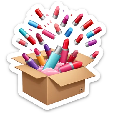 cardboard box bursting open with lipsticks, shampoo, and nail polish flying out sticker