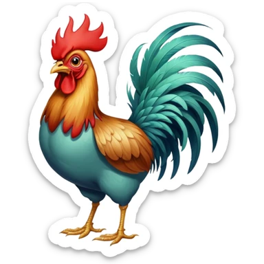 A funny rooster chicken with blue-greenish body, red comb, large eyes and silly expression, skinny legs sticker