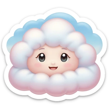 Cinematic tiny snuggly cloud, soft fluffy texture, gentle glowing edges, cute blushing cheeks, floating peacefully in a pastel sky, warm and dreamy. sticker