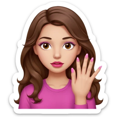 girl with long wavy brown hair, brown eyes, light to medium complexion, in a pink shirt, pink lips, long lashes, puckered lips,  showing  long finger nails sticker