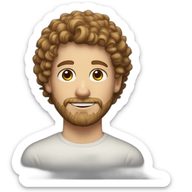 White boy, brown eyes, curly and dark blond hair on the top and short on the sides, and beard sticker