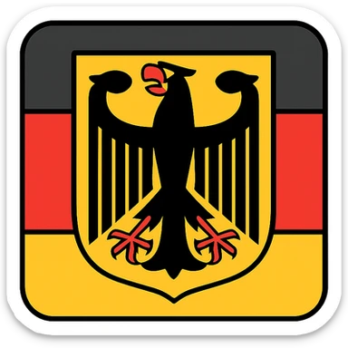 classic Bundesadler emblem in front of German flag, bold colors, no text sticker