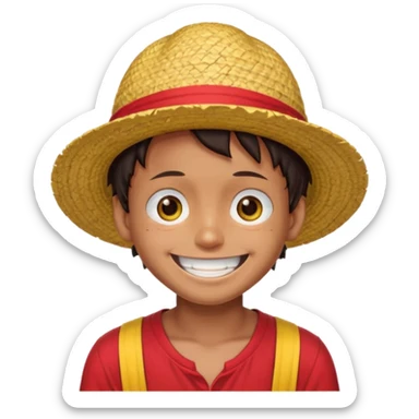 Luffy with a big smile and red shirt with yellow and red straw hat sticker