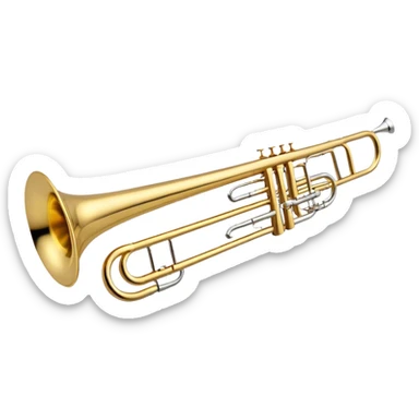 Create a sleek and professional emoji representing the Brahner TB-420 Bb/F tenor trombone. The design should feature the smooth, shiny brass body of the trombone with its distinct curved tubing and large bell. Highlight the tuning slide and the mouthpiece at the top of the instrument. The brass finish should be polished and reflective, with silver accents on the mouthpiece and tuning slide. Add subtle musical notes or soundwaves floating around the trombone to evoke its bold, brassy sound. Use golden and brass tones for the trombone with light reflections to emphasize its high-quality craftsmanship. The background should be transparent. sticker