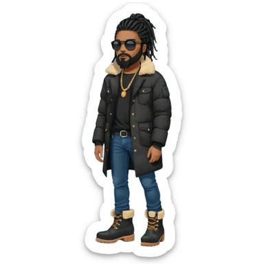 African American man with shoulder length black dreadlocks with black beard wearing black sunglasses wearing a black bubble winter coat wearing denim skinny jeans wearing wheat timberland boots thinking sticker