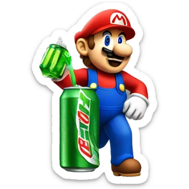 Mario holding a mtn dew sticker