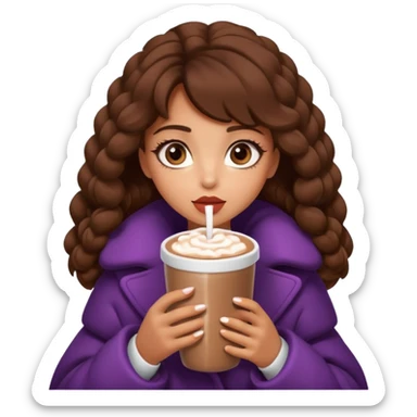 Tanned Girl with lashes , brown hair, in an extremely big fluffy oversized coat and hold hot chocolate drink and big eyes, big lip sticker
