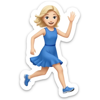 A girl in a blue dress runs and waves hello sticker