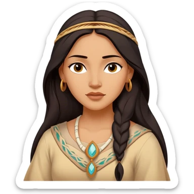 Cinematic Serene Pocahontas Portrait Emoji, rendered in a realistic, simplified vector style. Depict a gentle Pocahontas (chest and above) with warm, glowing skin, loosely flowing dark hair, and a calm, reflective expression, wearing modest traditional attire in earthy hues. The image is bathed in a soft, inviting glow with high shine and a soft glowing outline. sticker