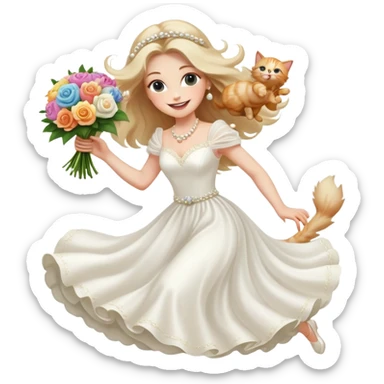 White woman - long hair - white wedding dress - holding a kitten - happy - jumping - fashionable - elegant - bouquet - dreamy - colorful - pearl accessories sticker