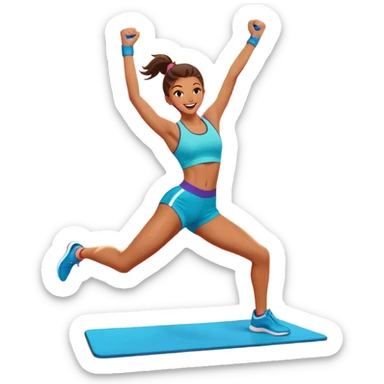 An energetic person performing an aerobics workout in a brightly lit gym, jumping and stretching with enthusiasm. The scene includes vibrant fitness equipment like dumbbells and exercise mats, with a background of cheerful, motivating colors, conveying energy and movement. sticker
